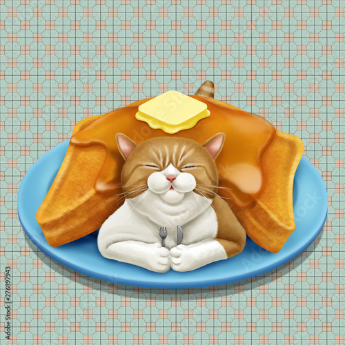 A illustration of Hong Kong style food French Toast with cat