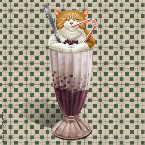 A illustration of Hong Kong style drink Ice red bean with cat