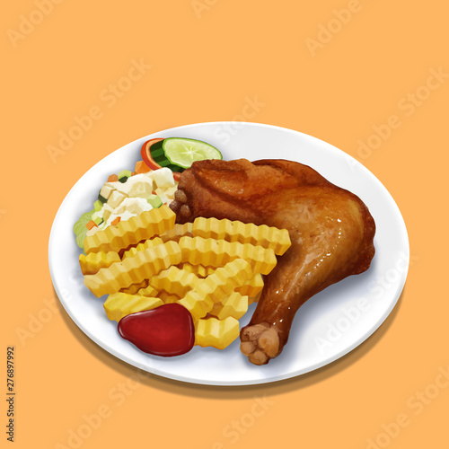 A illustration of Hong Kong style food Roast chicken leg with chips and salad 