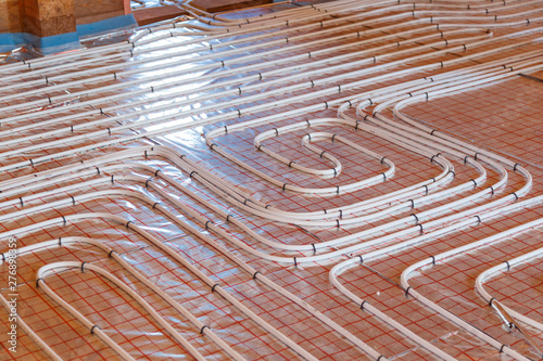 Underfloor surface heating pipes. Low temperature heating concept