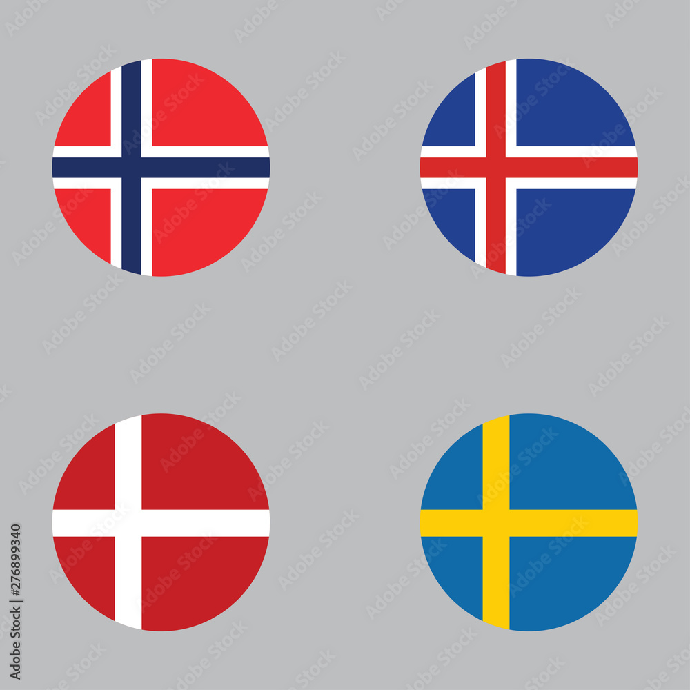 Obraz premium Round button national flag of Norway, Iceland, Denmark, Sweden Country europe flag icon