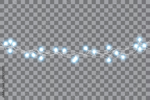 Set of blue garlands, festive decorations. Glowing christmas lights isolated on transparent background. Vector seamless horizontal objects