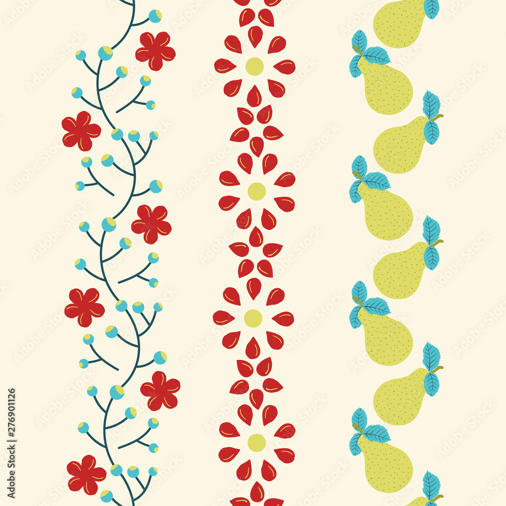Fruits and Flowers Vertical Seamless Vector Border Set Fruits and Flowers Vertical Seamless Vector Border Set