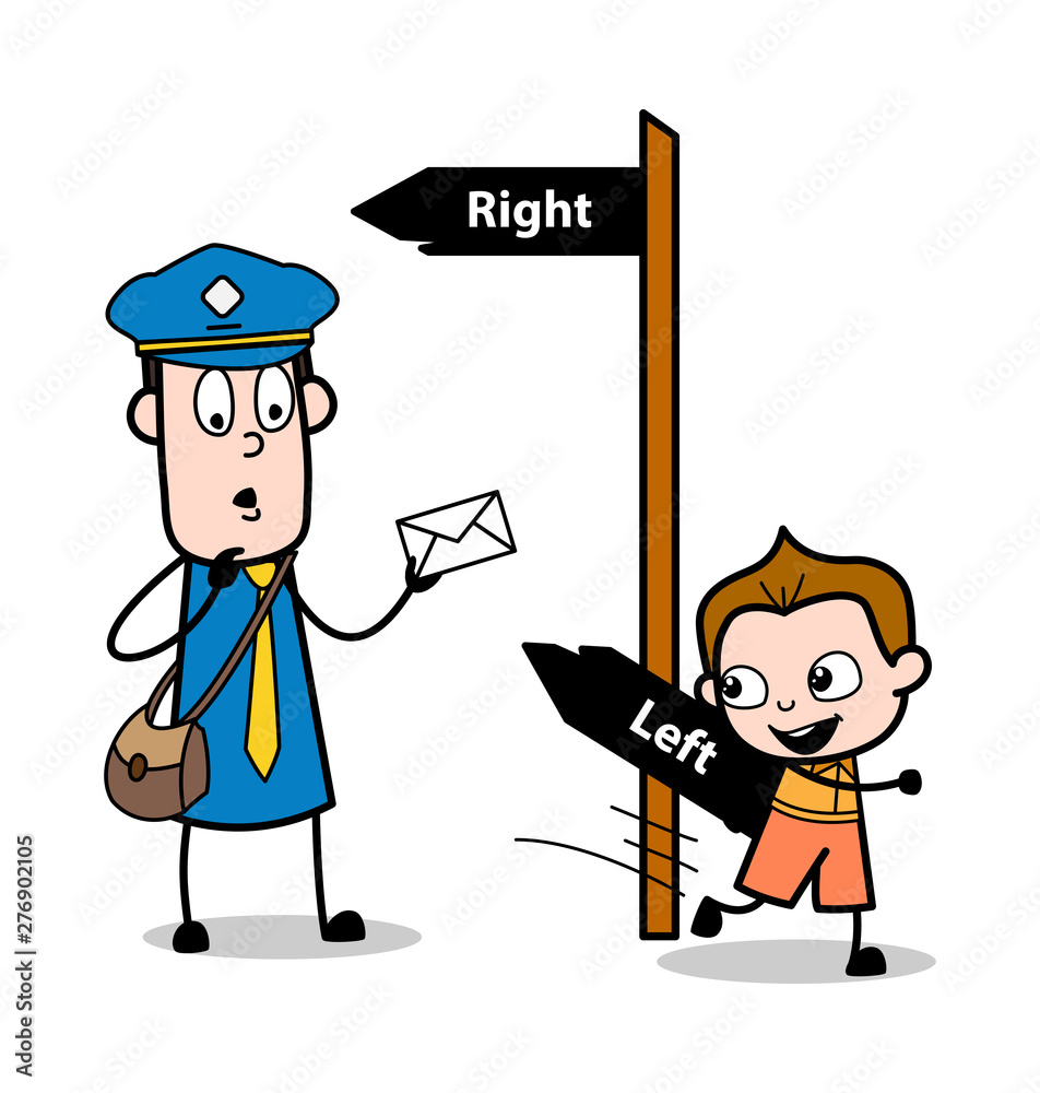 A Kid is Playing with Postman - Retro Postman Cartoon Courier Guy Vector Illustration