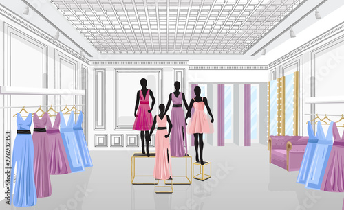 Fashion boutique with dresses Vector illustration. Shop store front views