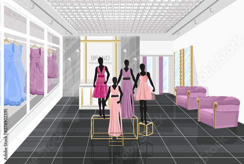 Fashion boutique with dresses Vector illustration. Shop store front views