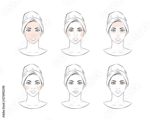 Steps how to face make-up. take care about african-american face vector illustration isolated cartoon hand drawn