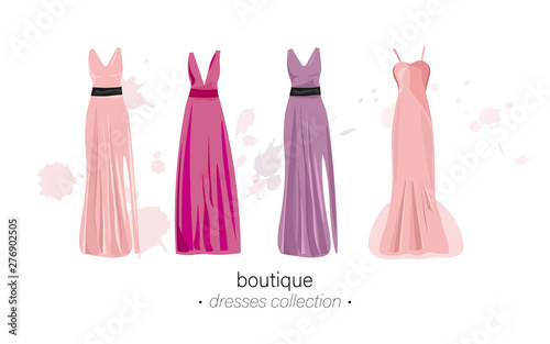 Long dresses Vector watercolor. Evening gowns beautiful elegance