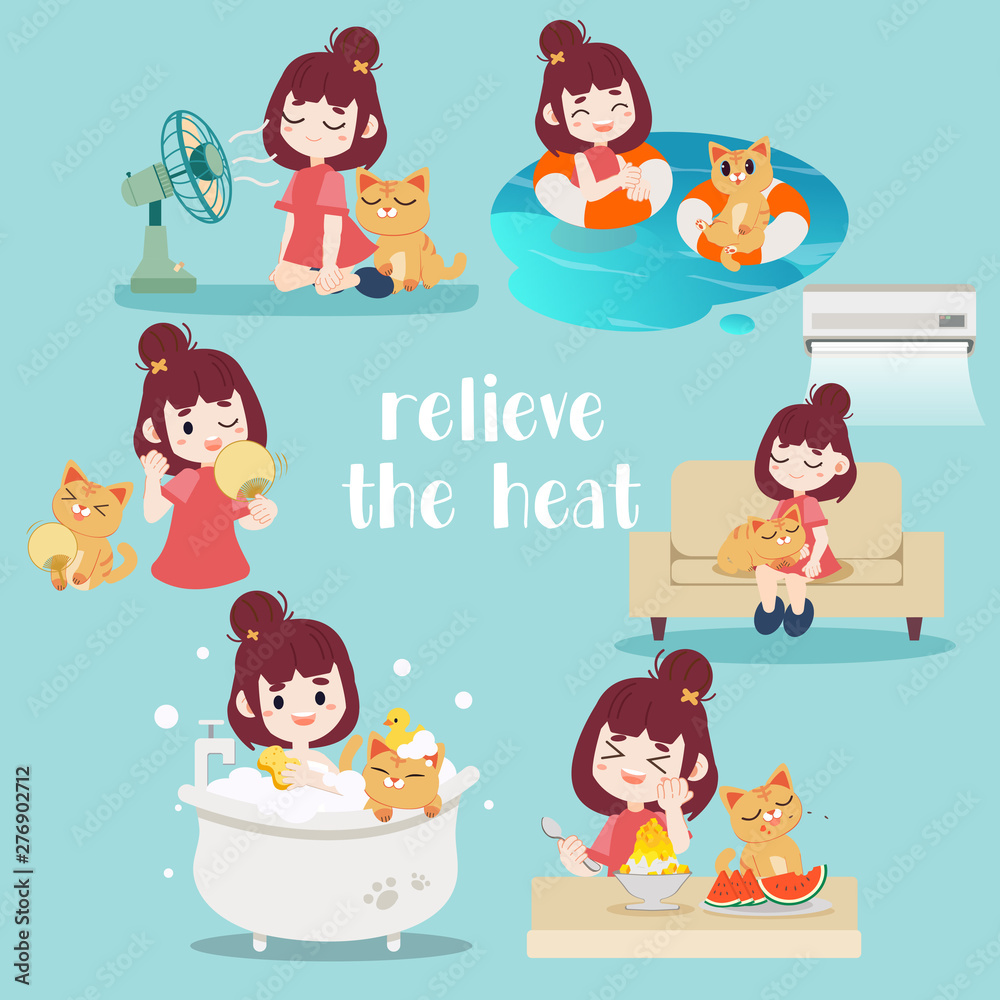 Collection of relieve the heat. Women taking a Bath with a cat. They sitting together on the sofa and have air conditioner. They swimming in the water. They sitting in front of the fan. Collection of relieve the heat. Women taking a Bath with a cat. They sitting together on the sofa and have air conditioner. They swimming in the water. They sitting in front of the fan.