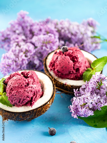 black currant ice cream in a bowl of coconut