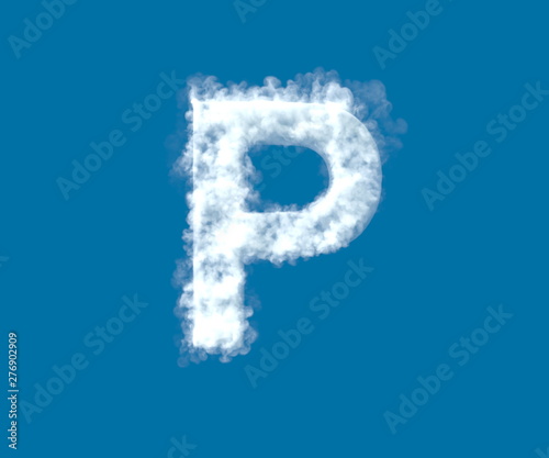 Cloud design font, white cloudy letter P isolated on the blue sky background - 3D illustration of symbols