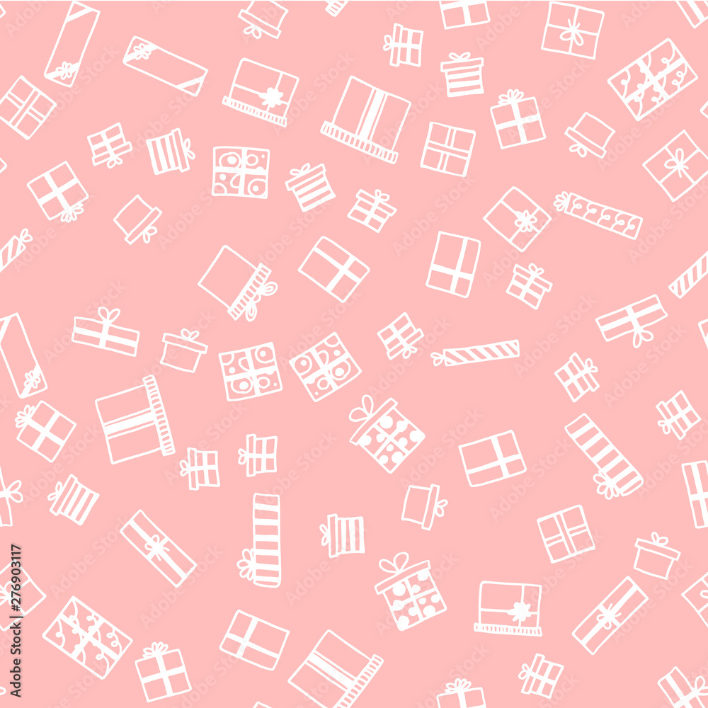 Vector seamless pattern. Many gift boxes different shapes. Hand drawn doodle. New Year, Christmas or Birthday concept. For printing, fabric, postcard, wallpaper, social media post,advertising. Vector seamless pattern. Many gift boxes different shapes. Hand drawn doodle. New Year, Christmas or Birthday concept. For printing, fabric, postcard, wallpaper, social media post,advertising.