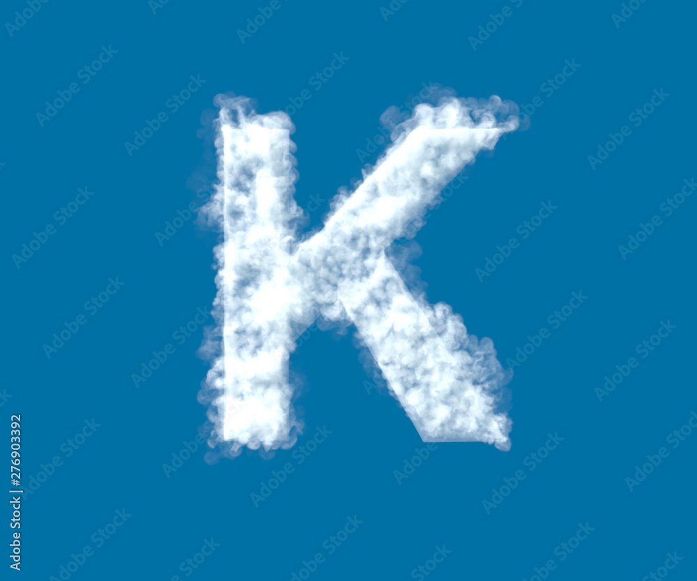 Cloud design font, white cloudy letter K isolated on the blue sky background - 3D illustration of symbols Cloud design font, white cloudy letter K isolated on the blue sky background - 3D illustration of symbols