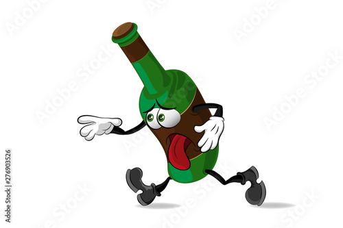 A cartoon character, a bottle of alcohol, holding himself side and sticking out his tongue, breathing heavily,moving forward, trying to catch up with someone.