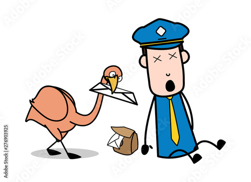 A Bird Holding a Letter in Beak - Retro Postman Cartoon Courier Guy Vector Illustration