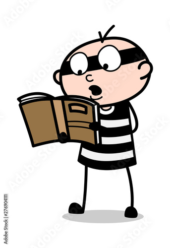 Reading a Book - Cartoon thief criminal Guy Vector Illustration