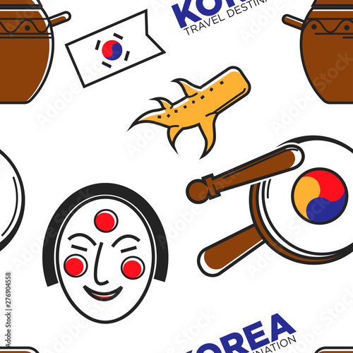 Korean symbols and culture seamless pattern traveling and tourism