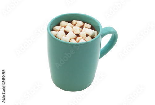 Blue cup of cocoa drink with marshmallows isolated on white background