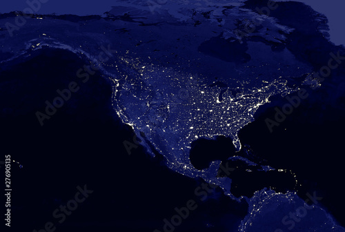 Fototapeta Naklejka Na Ścianę i Meble -  American continent electric lights map at night. City lights. Map of North and Central America. View from outer space. Mixed media