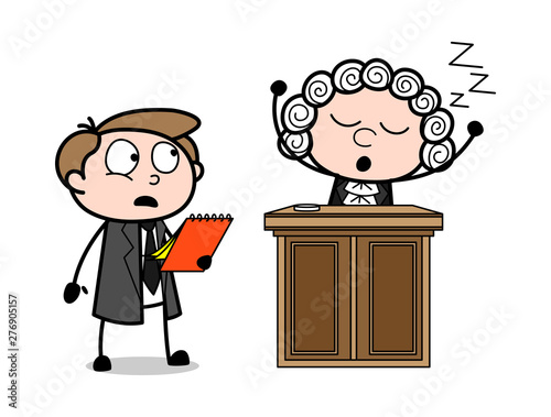 Cartoon Lawyer Watching Surprisingly and Magistrate Sleeping Vector Illustration