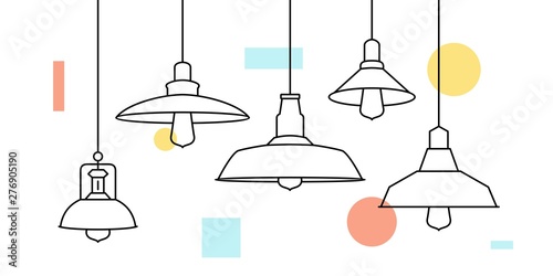 Industrial loft Metal Pendant Light Hanging Lamp Edison Bulb lighting vector icon illustration outline line furniture