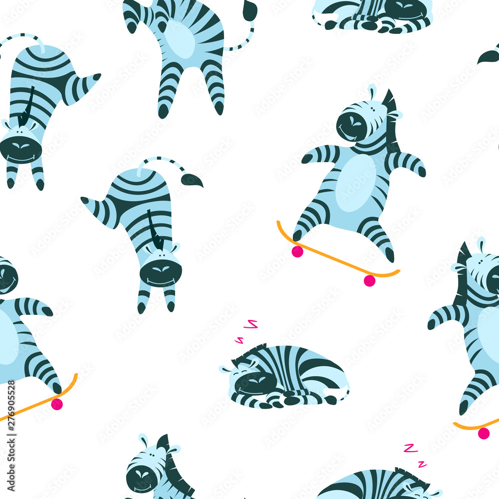 Obraz premium Seamless pattern with cute and funny zebras on white background. Cartoon animals for children fabric, baby goods and wrapping paper. Flat vector illustration.