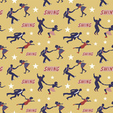 Swing dance seamless pattern on gold background. 1940s and 1930s style. Women and men couples at the party. Flat vector illustration.
