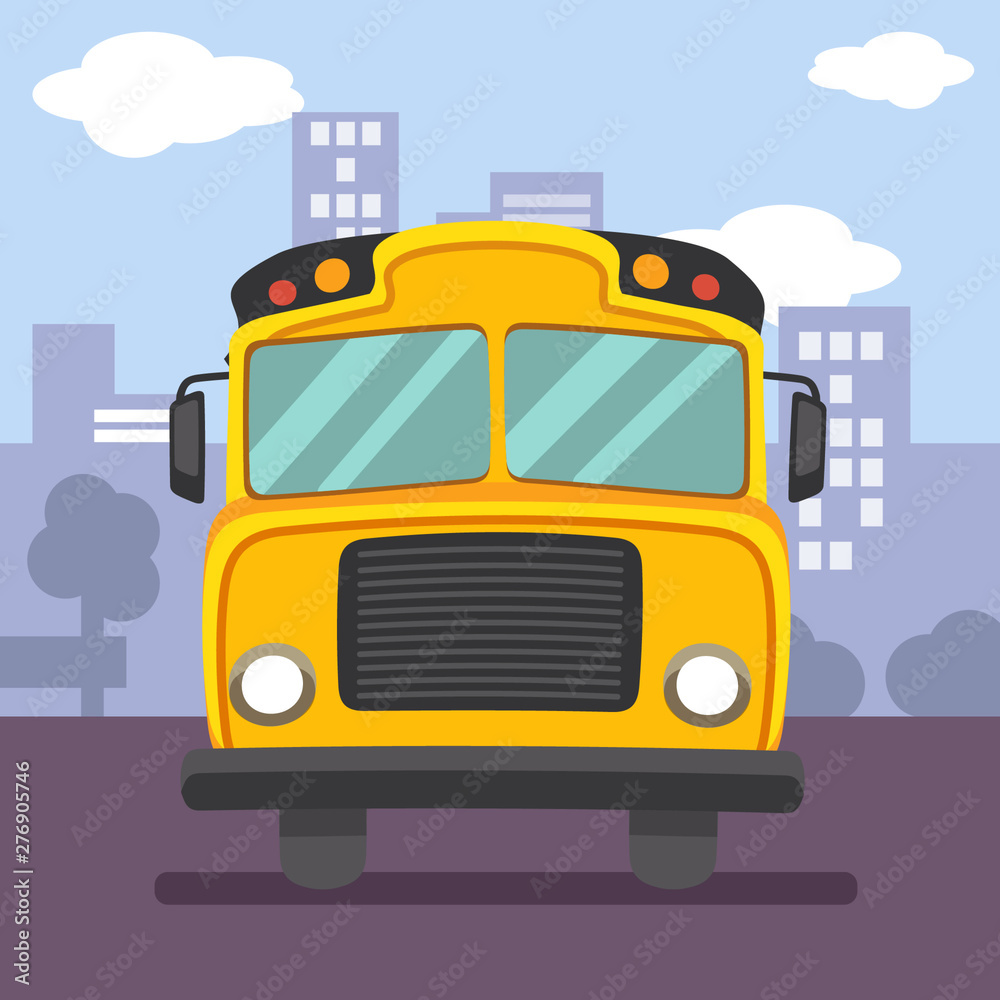 The yellow schoolbus be driving on the road. schoolbus on front view. city in the poster. back to school poster.doodle car.  cute cartoon of schoolbus or yellow car flat vector style