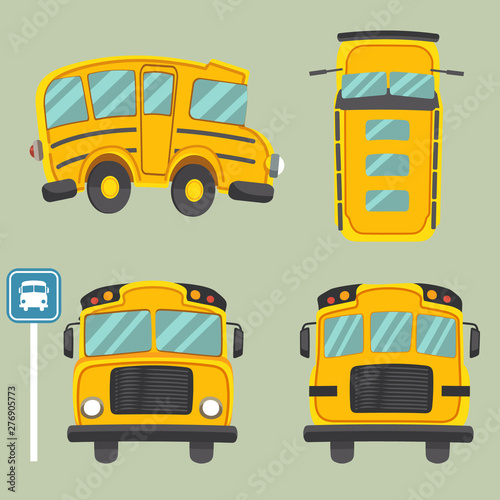 The collection of a yellow schoolbus. have front view and side view backview and top view of schoolbus. back to school poster.doodle car.  cute cartoon of schoolbus or yellow car flat vector style