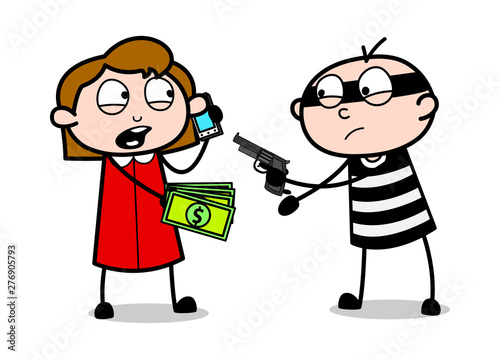 Robbing money At The Tip of The Gun - Cartoon thief criminal Guy Vector Illustration