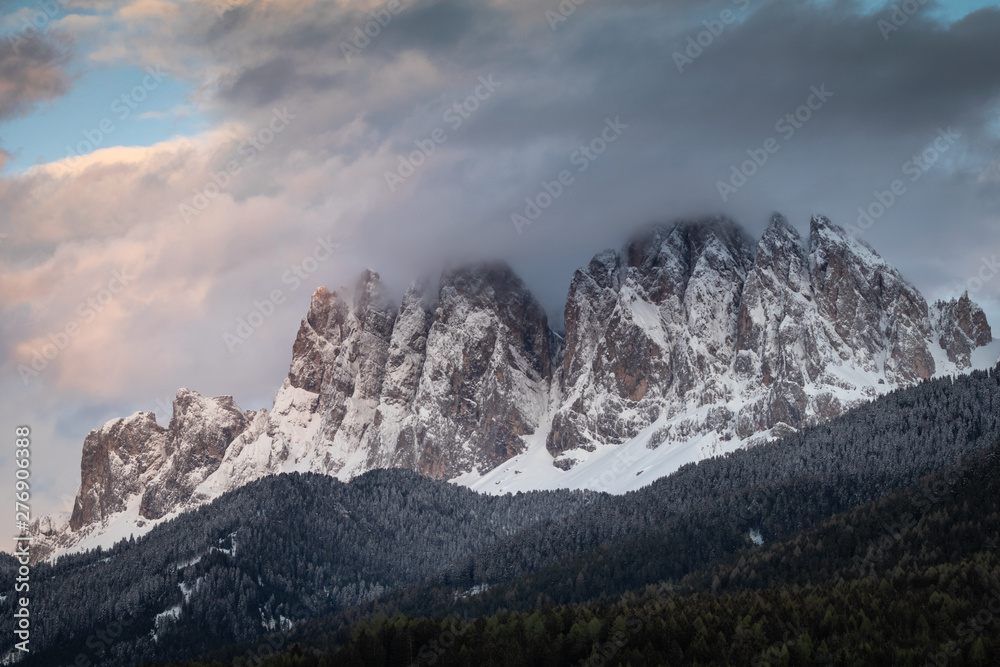 Amazing Dolomites Mountains Landscape during sunset. Wonderful picturesque Scene. Val di Funes. Italy.
