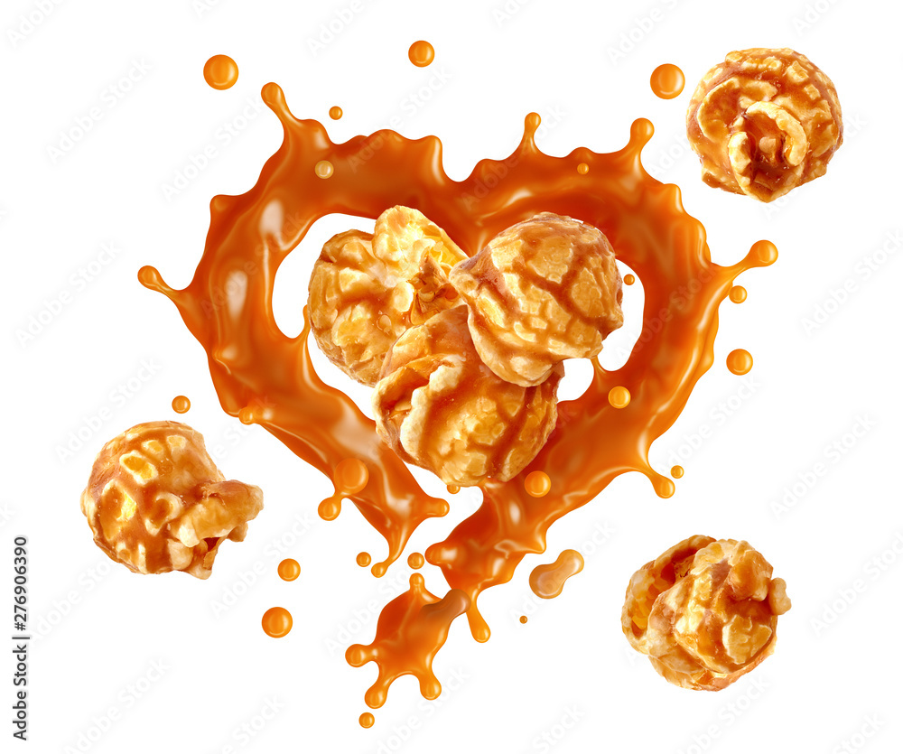 Liquid sweet melted caramel, caramel sauce or boiled condensed milk 3D swirl splash with caramel