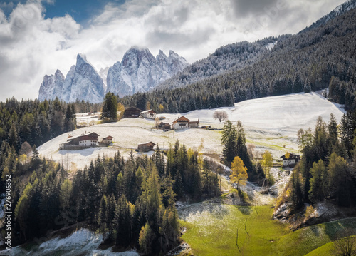 Obraz na płótnie Famous alpine place of the world, Santa Maddalena village with magical Dolomites mountains in background, Val di Funes valley w salonie