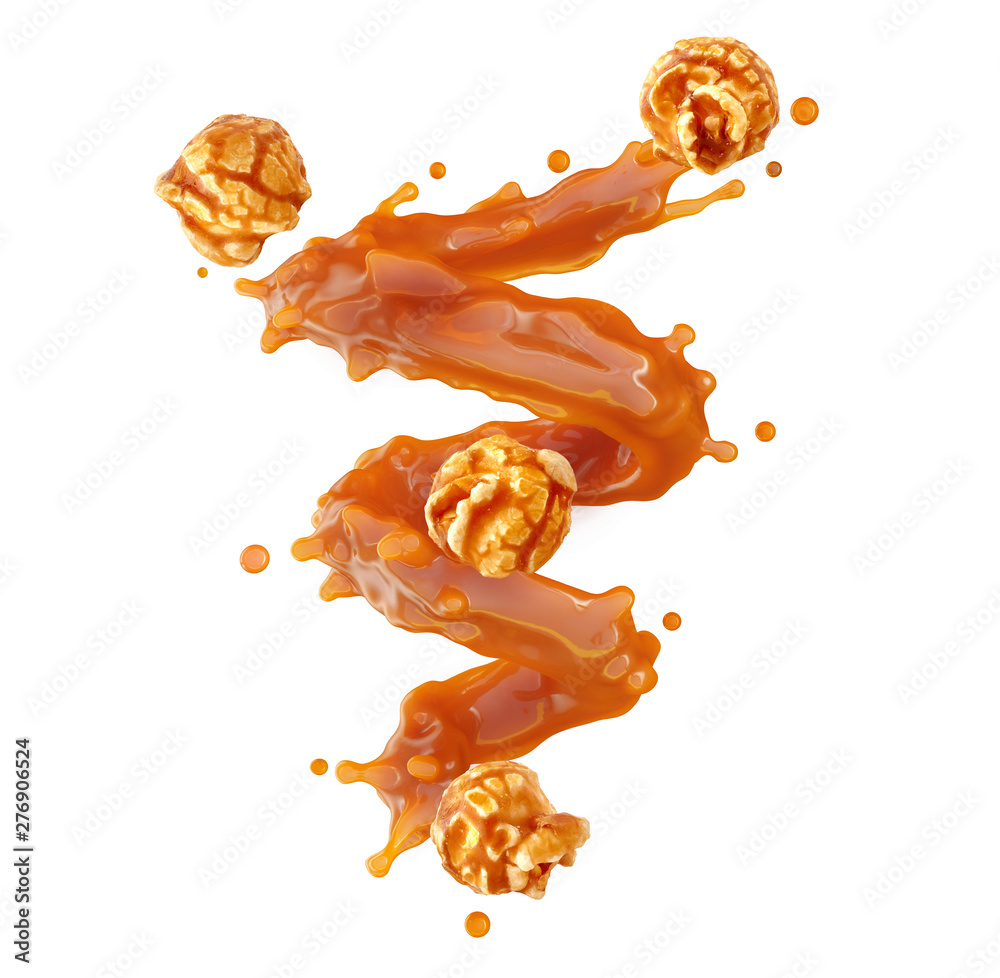 Liquid sweet melted caramel, caramel sauce or boiled condensed milk 3D swirl splash with caramel