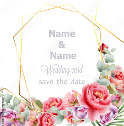 Wedding frame peony watercolor Vector. Golden abstract frame decor. Floral su...
