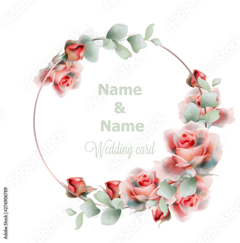 Wedding frame roses watercolor Vector. Golden abstract frame decor. Floral su...