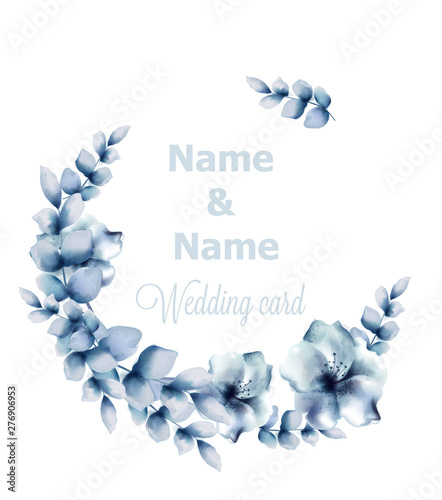 Blue flowers frame Vector watercolor. Floral wreath retro vintage cards