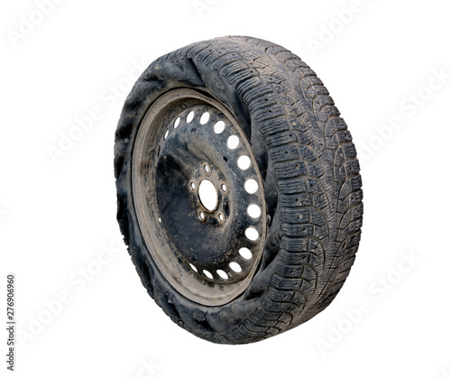 torn car tire isolated on white background