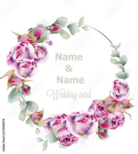 Blooming roses wedding wreath vector watercolor. Birthday, women day, special...