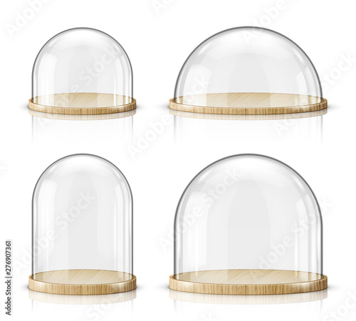 Glass dome and wooden tray realistic vector. Glass round dome of various shapes with light wood plate, food storage container or product presentation case with reflection, isolated on white background