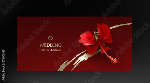 Tropical red hibiscus on maroon background vector. Beautiful horizontal botanical design with tropic jungle plant, exotic scarlet flower and golden paint smear. Wedding invitation card, holiday sale