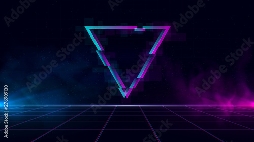 Retrowave background with sparkling glitched triangle and blue and purple glows with smoke.