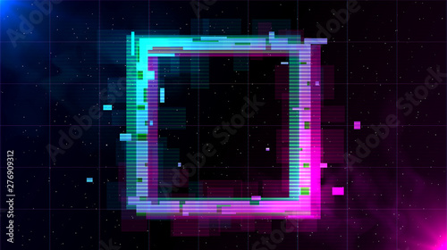 Retrowave Glitch Square with sparkling and blue and purple glows with smoke. photo