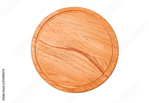 wooden tray isolated on white background - Round wooden cutting board, rustic dish, isolated on white background.