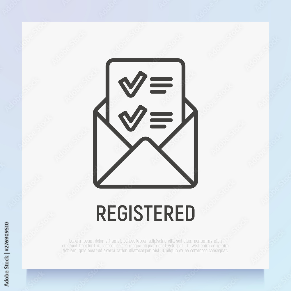 Opened envelope with letter containing check mark. Confirmation of registration. Thin line icon. Modern vector illustration. Opened envelope with letter containing check mark. Confirmation of registration. Thin line icon. Modern vector illustration.