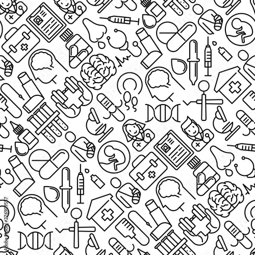 Health care seamless pattern with thin line icons related to hospital, clinic, laboratory. Vector illustration for conclusion, banner, web page.