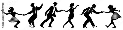 Set of three negative dancing couples silhouettes on white background. People in 1940s or 1950s style. Men and women on swing, jazz, lindy hop or boogie woogie party. Vector illustration.