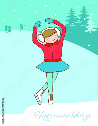 Winter. The girl at the rink practicing. Figure skating.Sport. Winter vacation. Vector