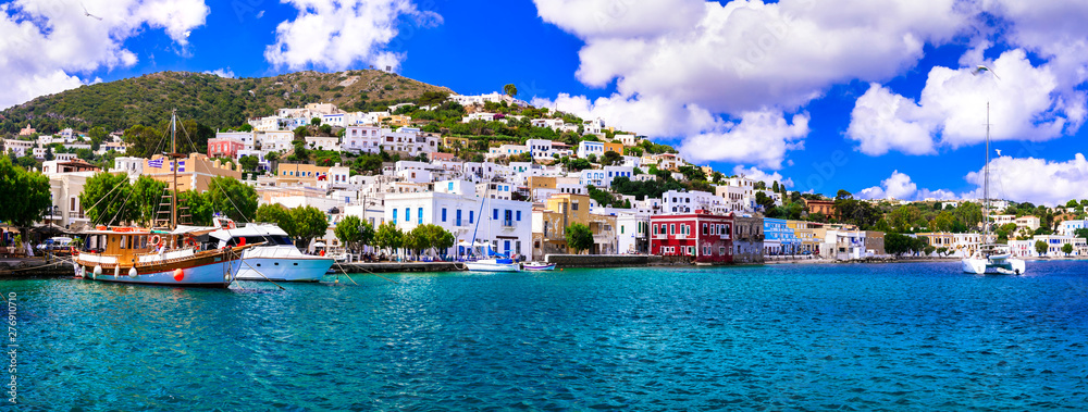 Beautiful traditional Greek island Leros. Dodecanese. view of Agia Marina village and port - obrazy, fototapety, plakaty 