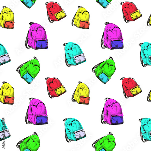 Backpack pattern. Hand drawn colored backpacks, multicolor vector seamless background.